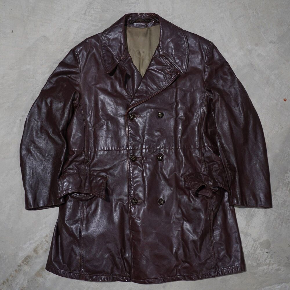 70s Leather Car Coat Mens L Oxblood Plaid Blanket Lined Double Breasted Vintage
